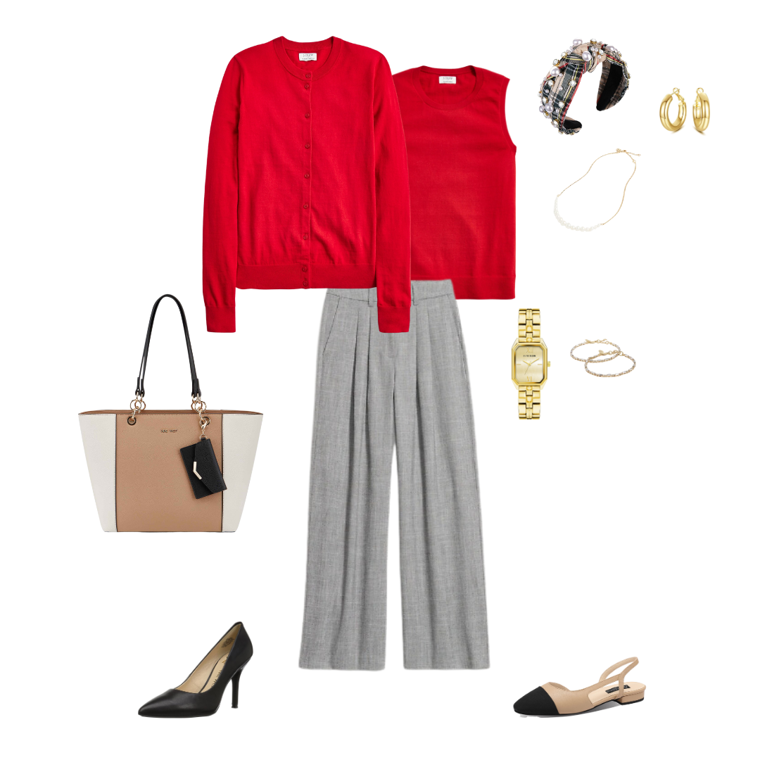 Work Wear Outfit: Matching Cardigan and Tank, Grey Trousers, Black Pumps, Neutral Tote
