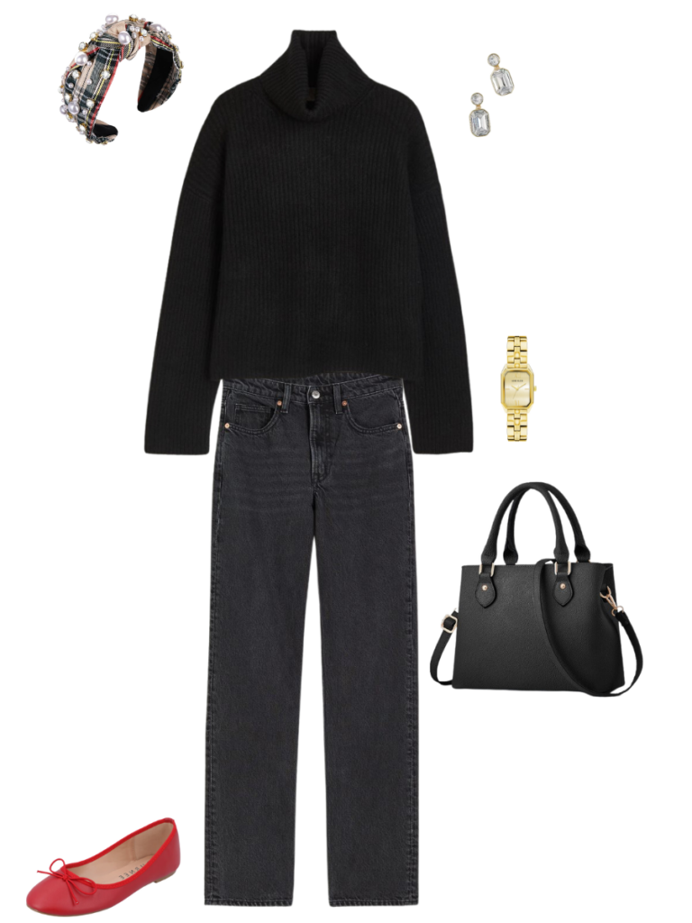 All Black Outfit: Black Turtleneck + Black Jeans + Printed Headband + Red Flats