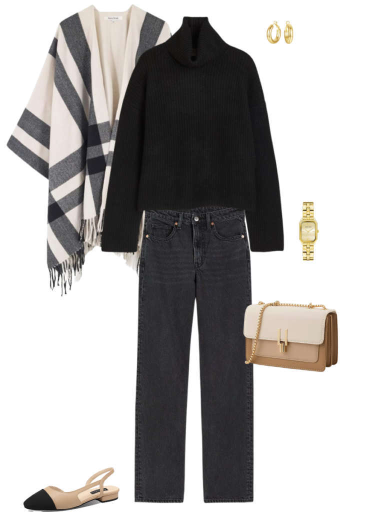 All Black Outfit: Black Turtleneck + Black Jeans + Printed Poncho + Neutral Flats