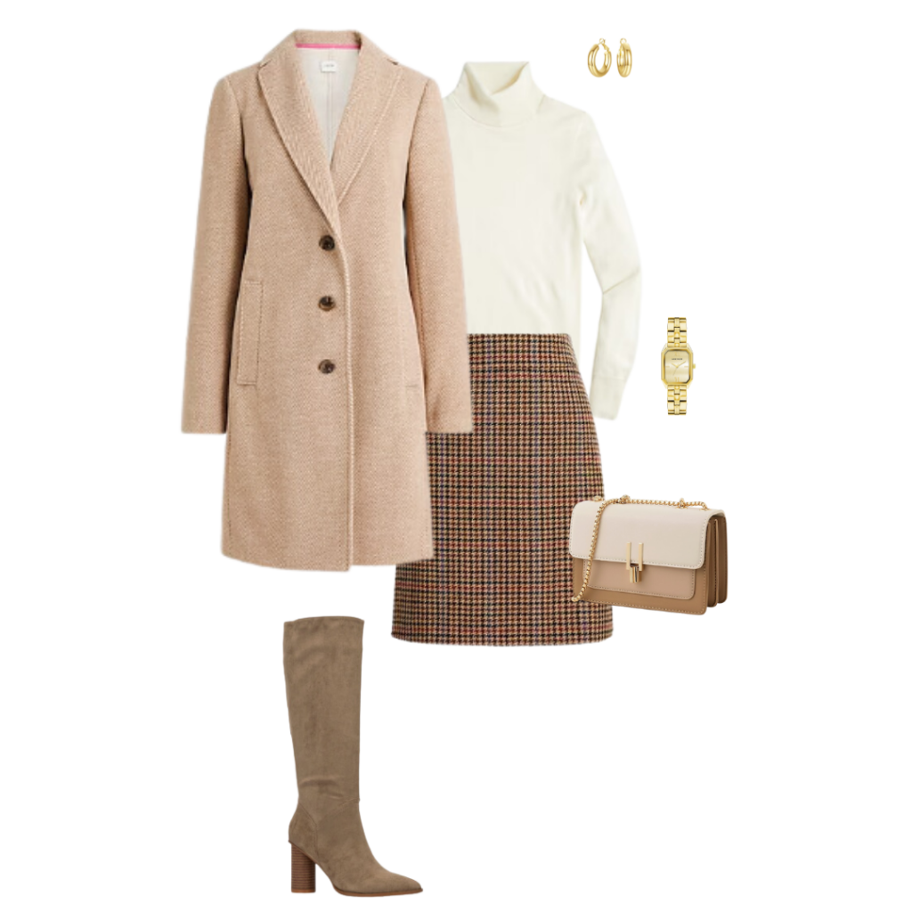 Cream Turtleneck Outfit: Camel Coat + Plaid Skirt + Taupe Knee High Boots 