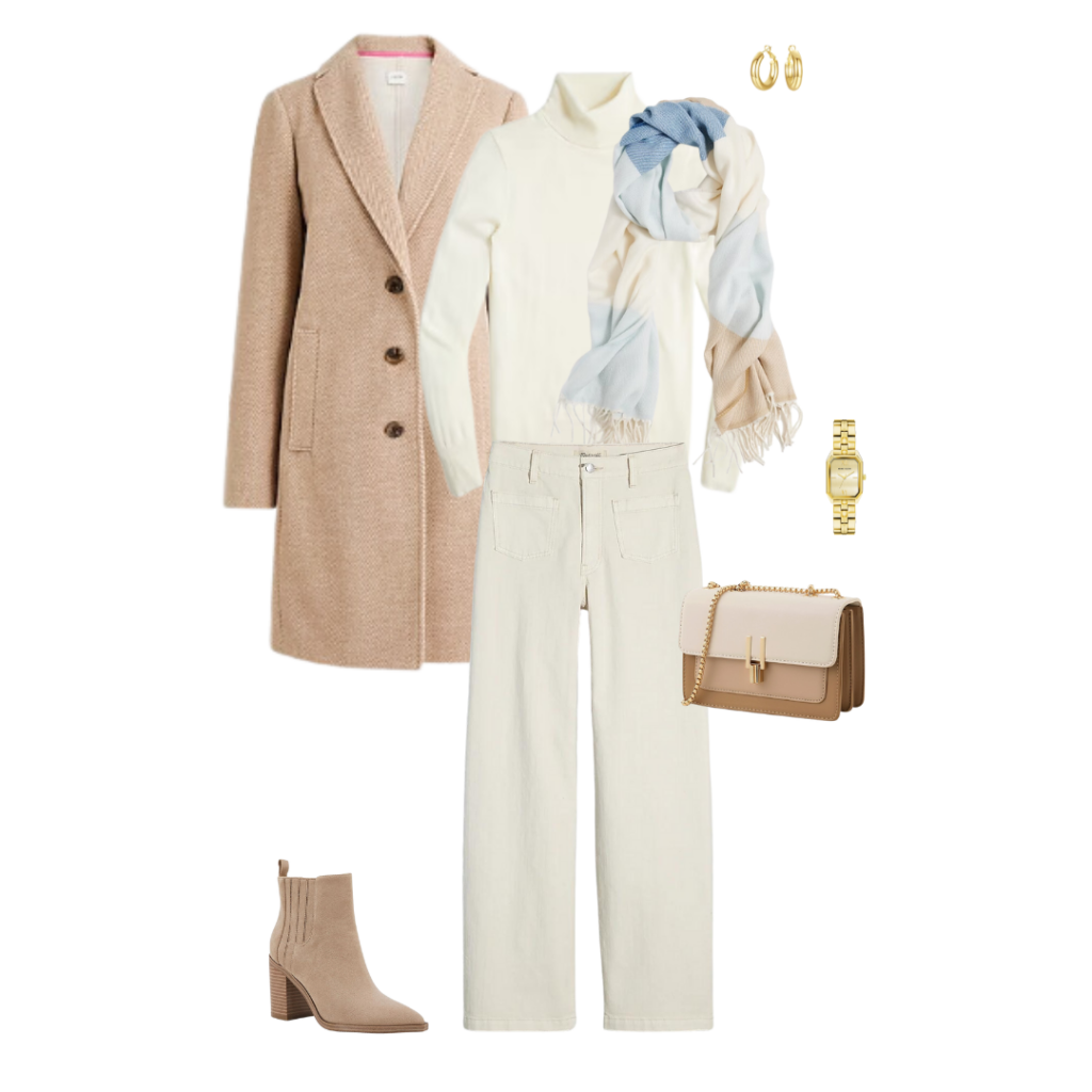 Cream Turtleneck Outfit: Camel Coat + Cream Pants + Taupe Booties + Printed Scarf