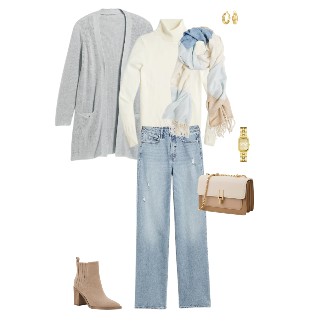 Cream Turtleneck Outfit: Grey Cardigan + Denim Jeans + Taupe Ankle Boots + Printed Scarf