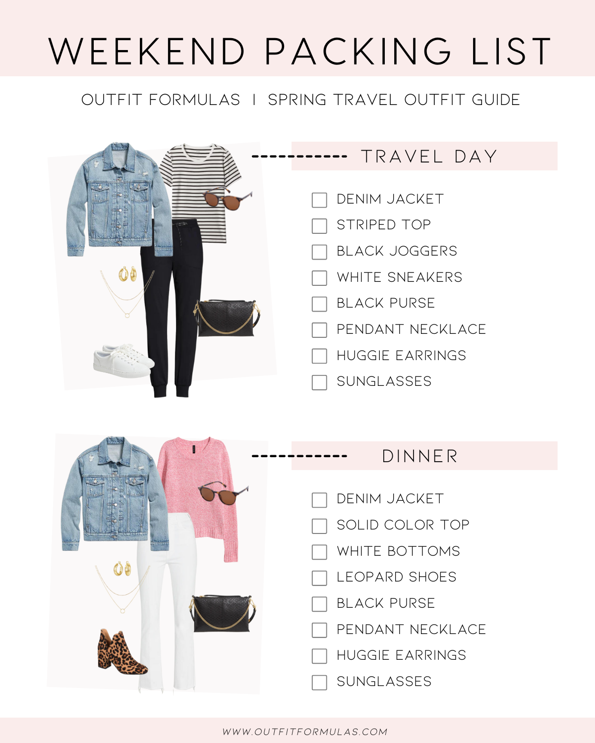 Are you planning a spring break getaway? Squeezing in a final ski trip before the snow melts away? Or maybe you're just daydreaming about your next vacation? Whatever your travel plans are, we've got your packing list ready to go. Packing for a trip can often be stressful, but it doesn't have to be. Forget the frantic last-minute packing, the 'I wish I had packed that' moments, and the suitcase chaos. We've crafted our packing lists with love and precision to ensure you're always prepared, no matter the season or occasion. Our lists are carefully curated to include everything from cozy winter essentials to breezy summer must-haves. But we don't just tell you what to pack; we help you maximize your wardrobe's versatility. Our packing lists allow you to mix and match pieces to create multiple outfits, making packing efficient and cost-effective. Whether you're a style maven in her 30's or a fashionista in her 70's, our packing guides are designed to help you express your personal style while ensuring comfort and practicality. After all, travel is about exploring new places, creating memories, and feeling fabulous doing it! Ready to say goodbye to packing jitters? Become a member today and get instant access to our Weekend Getaway Packing Lists. Already a member? Simply log in to access your packing lists. Become a member: https://outfitformulas.com/product/all-access-pass/ Already a member? Log in here: https://members.outfitformulas.com/login Safe and stylish travels, everyone! And while you're planning your next adventure, keep an eye out for our upcoming Spring 2024 Outfit Guide. Launching on March 15th at 9AM CT, it's packed with fresh, seasonal looks that we can't wait to share with you! Stay fabulous, Your Fashion Friends at Outfit Formulas